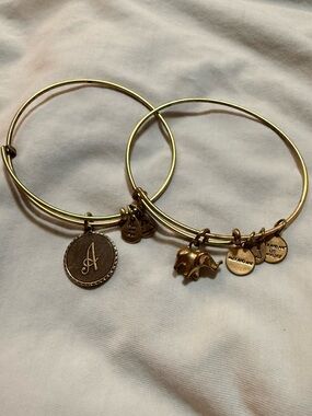Alex and Ani Lot of 2 Gold Tone Adjustable Wire Charm Bangle Bracelets, Elephant